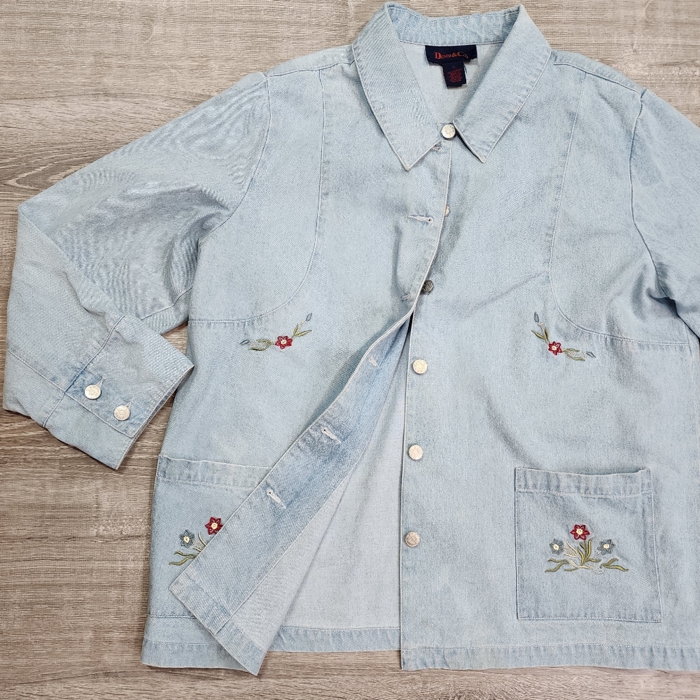 DENIM & CO. Cotton Embroidered Floral Flower Denim Button Down Jacket 1X